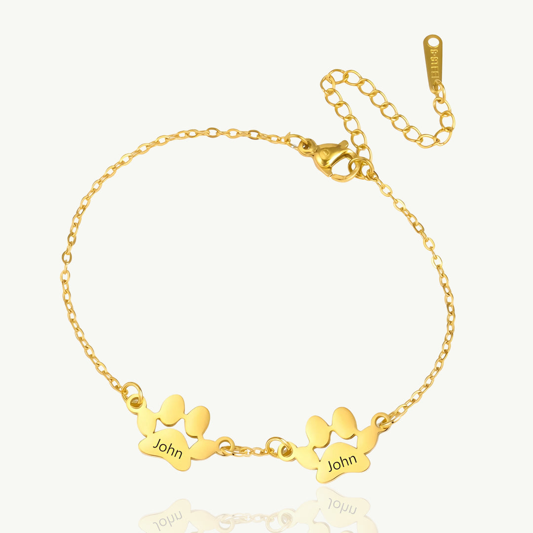 Pulseira Personalizada com Nome e Pata, Banhado a Ouro 18k