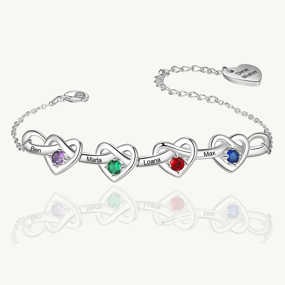 Pulseira Personalizada com Corações e Pedras de Aniversário