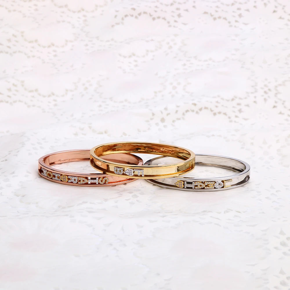DOREMI-DIY Zirconia letras personalizadas Bangle, pulseiras nome personalizado, encantos Slider destacáveis, Bangle