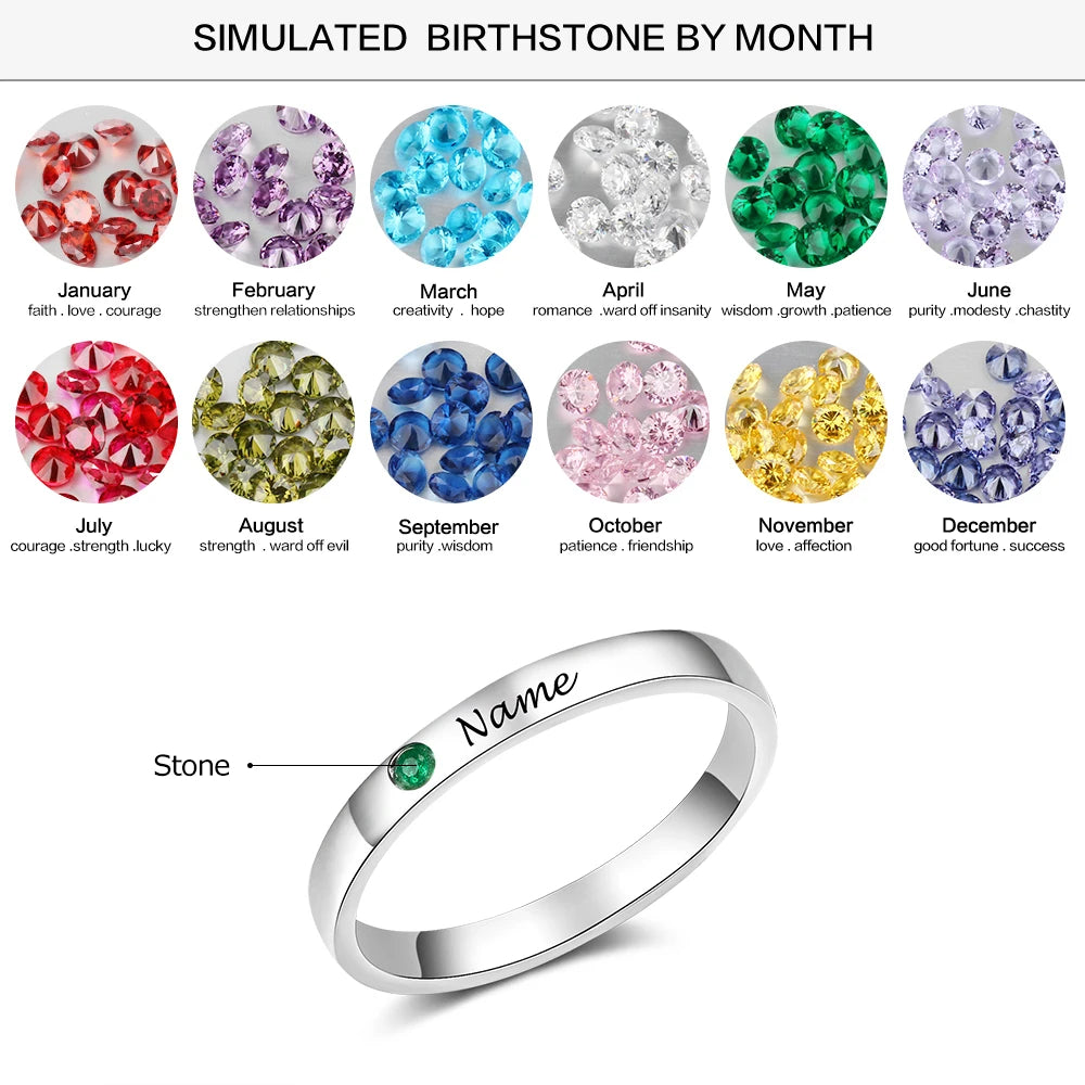 Jewelora-Anel com nome personalizado para mulheres, cor prata, birthstone, anéis gravados personalizados, joias da moda, presentes para mãe