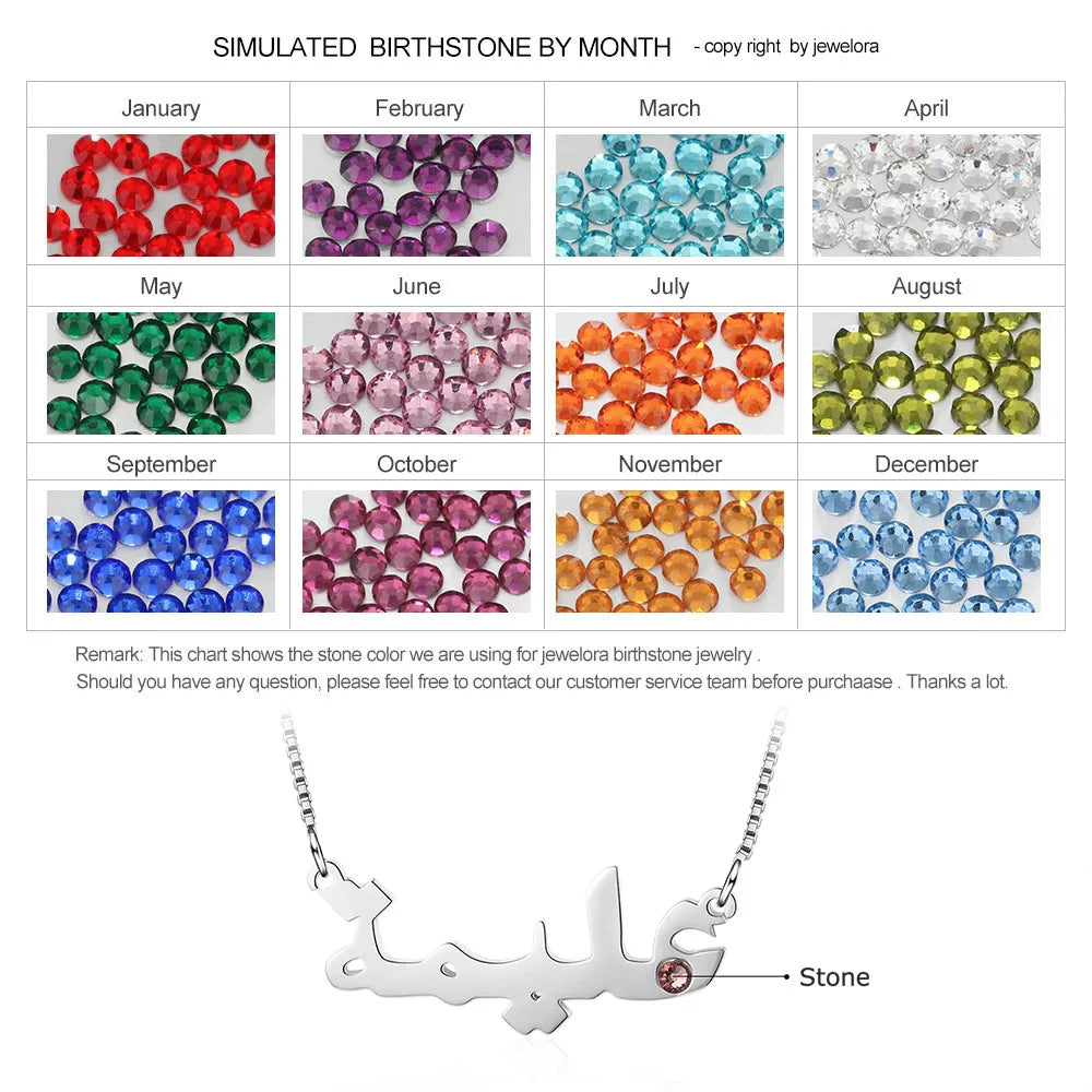 JewelOra-Colar personalizado com nome árabe com Birthstone, prata esterlina 925, placa de identificação personalizada, presente de aniversário para ela