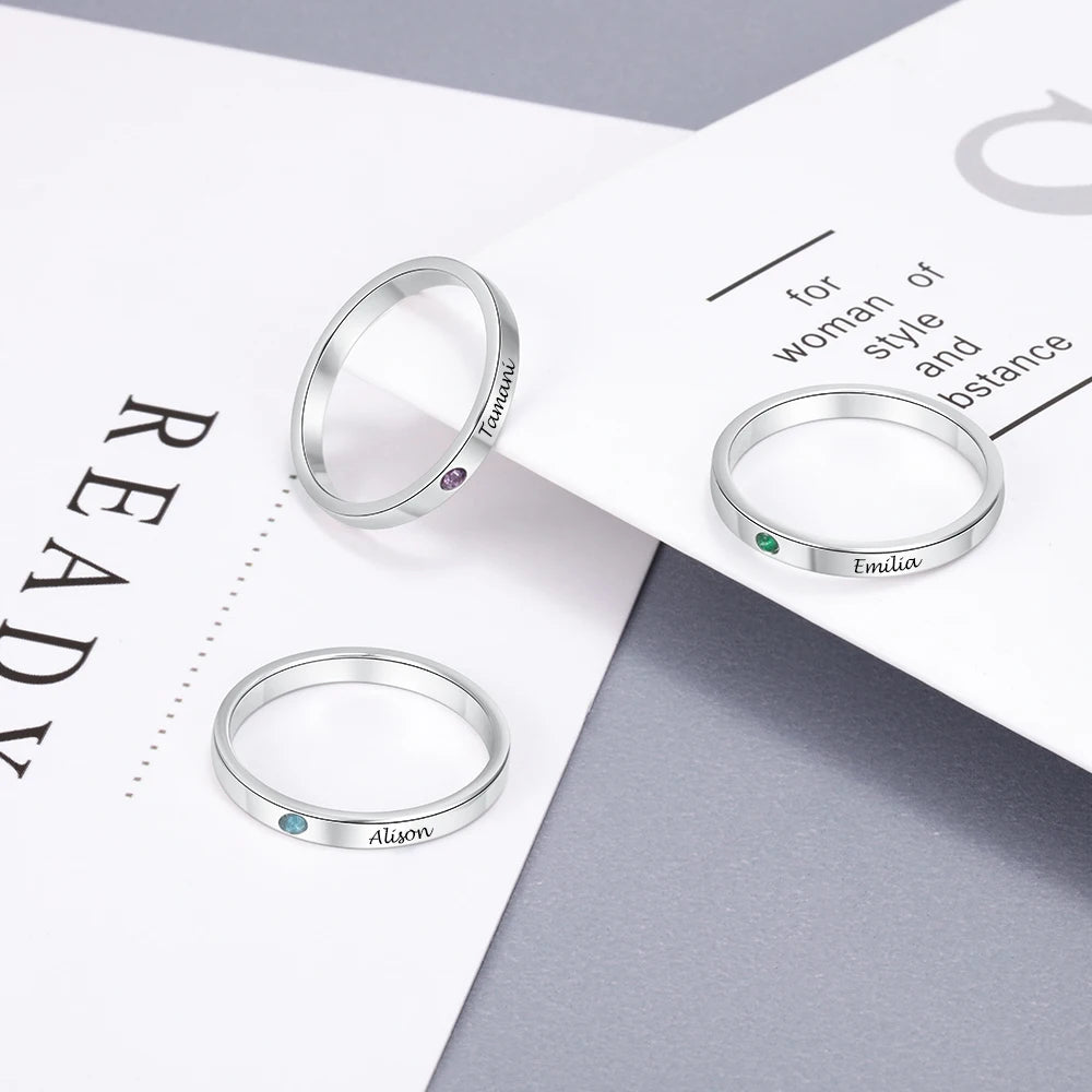 Jewelora-Anel com nome personalizado para mulheres, cor prata, birthstone, anéis gravados personalizados, joias da moda, presentes para mãe