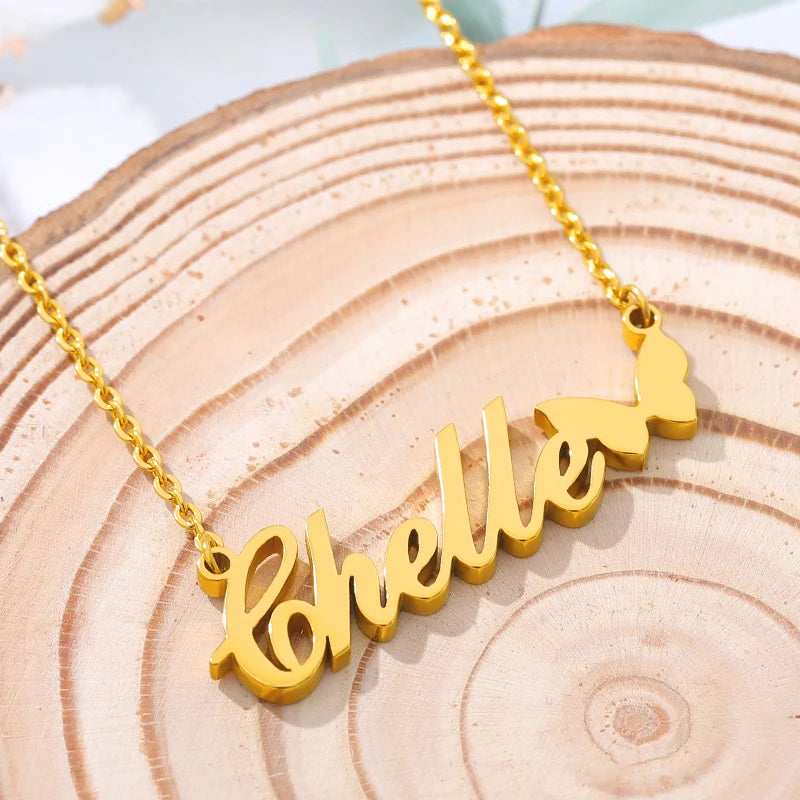 Colares com nome personalizado para mulheres, colar com nome personalizado com coração e borboleta gargantilha, aço inoxidável, presente da jóia do casamento