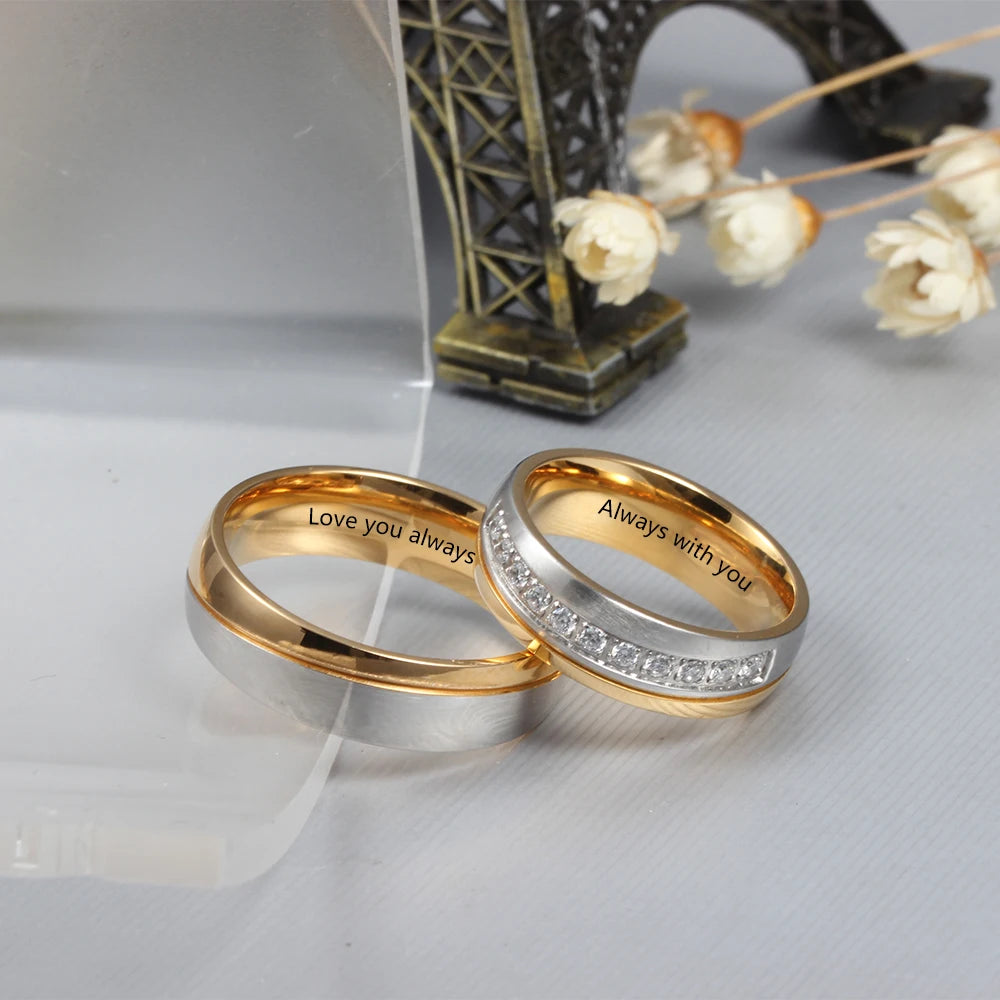 Anéis de noivado de casamento com gravação de nome personalizado para mulheres e homens anéis de casal personalizados com zircônia presente de aniversário