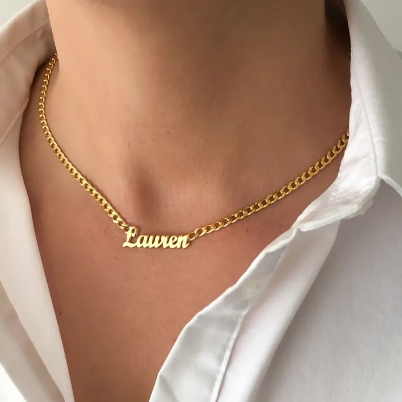 Colar com nome personalizado para mulheres, Curb Chain, personalizado, cor do ouro, aço inoxidável, nome colares, presente da jóia do Natal