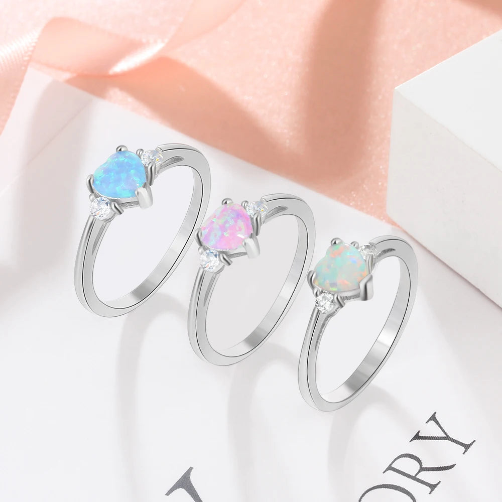 Anel Coração Romântico Cor Prata para Mulheres, Anel de Opala de Fogo Branco Rosa Azul, Anéis de Casamento CZ, Jóias Ora RI103690