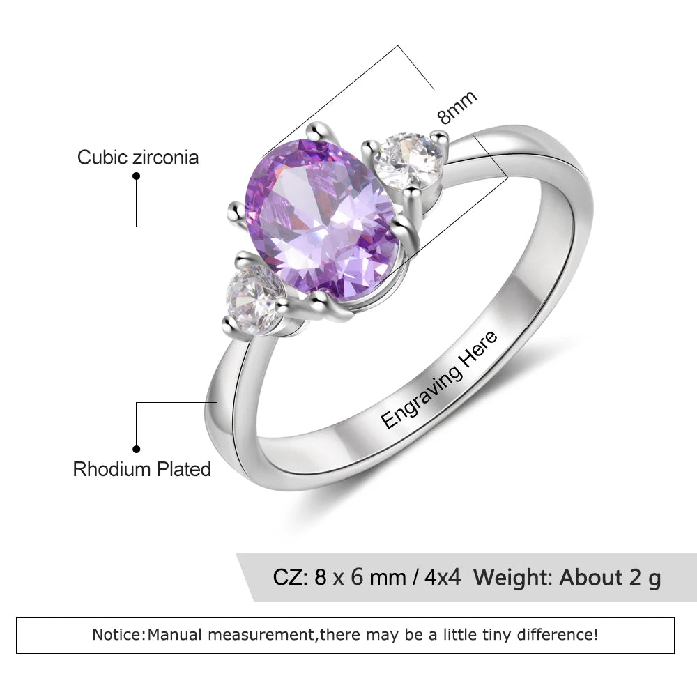 Aliança de pedra de aniversário oval personalizada joalheiro para mulheres, anel de compromisso de gravação personalizada dentro, casamento, presentes