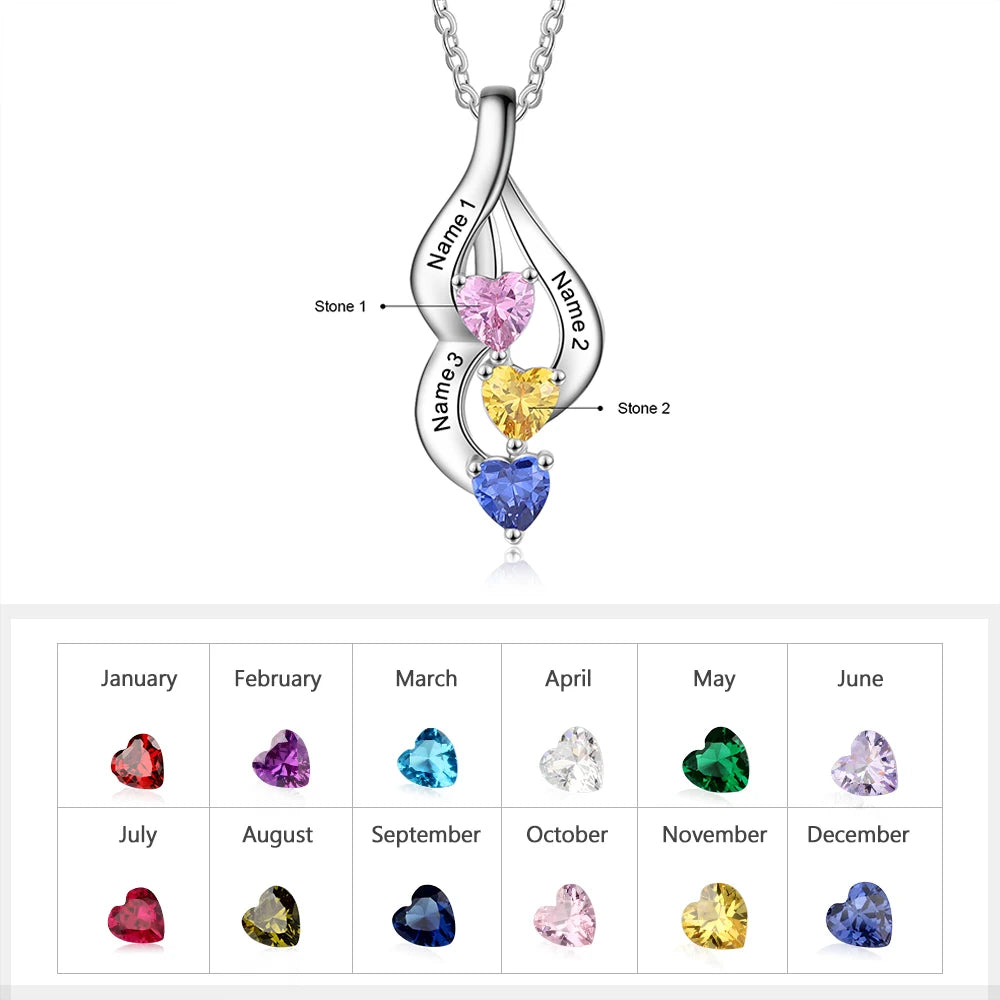 3 coração birthstone pingentes jóias presentes de aniversário jóias personalizado nome gravável colares para mulheres personalizado