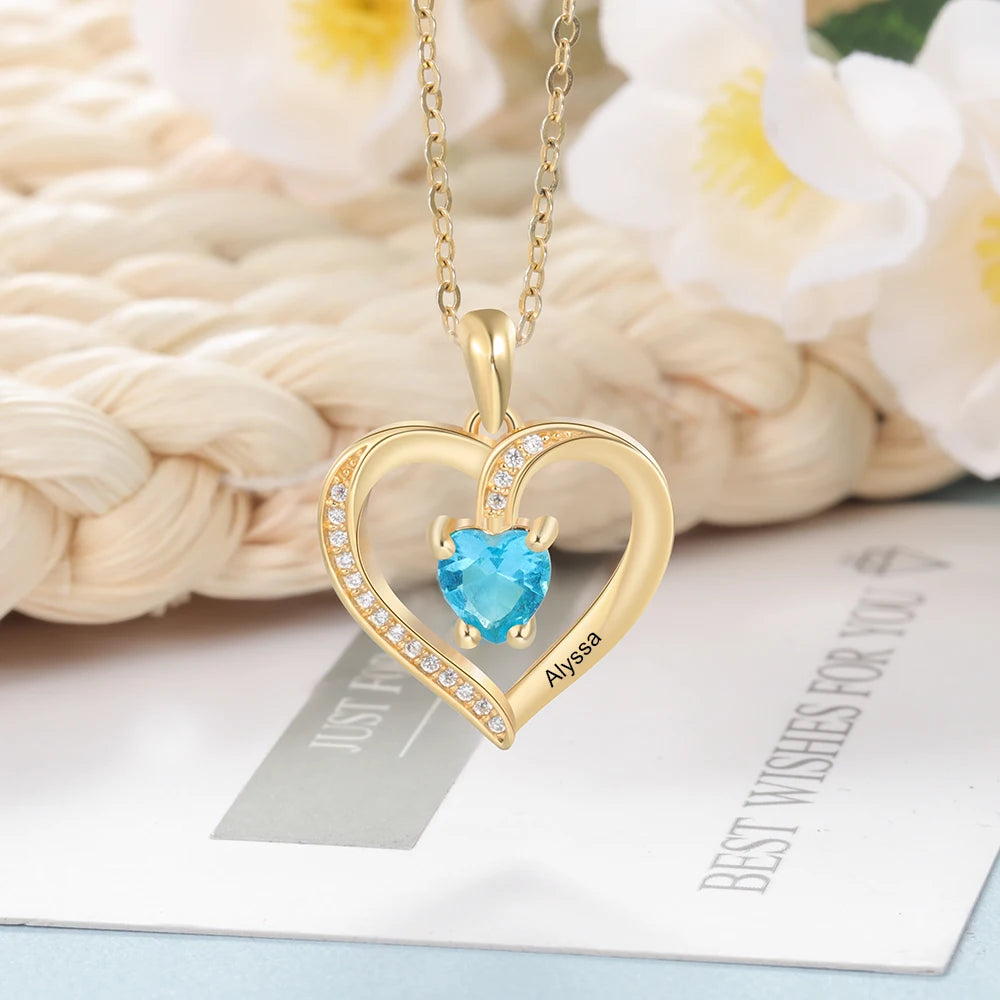 Nome de gravura personalizado coração pingente colar ouro/rosa cor ouro personalizado birthstone colar feminino jóias presente (ne104157)