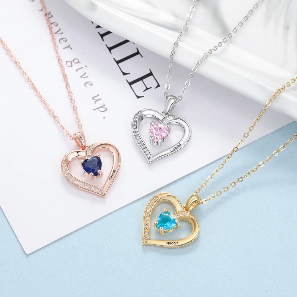Nome de gravura personalizado coração pingente colar ouro/rosa cor ouro personalizado birthstone colar feminino jóias presente (ne104157)