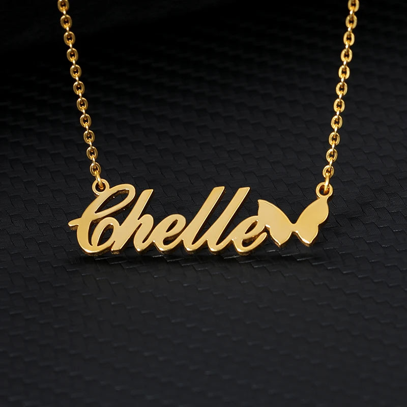 Colares com nome personalizado para mulheres, colar com nome personalizado com coração e borboleta gargantilha, aço inoxidável, presente da jóia do casamento