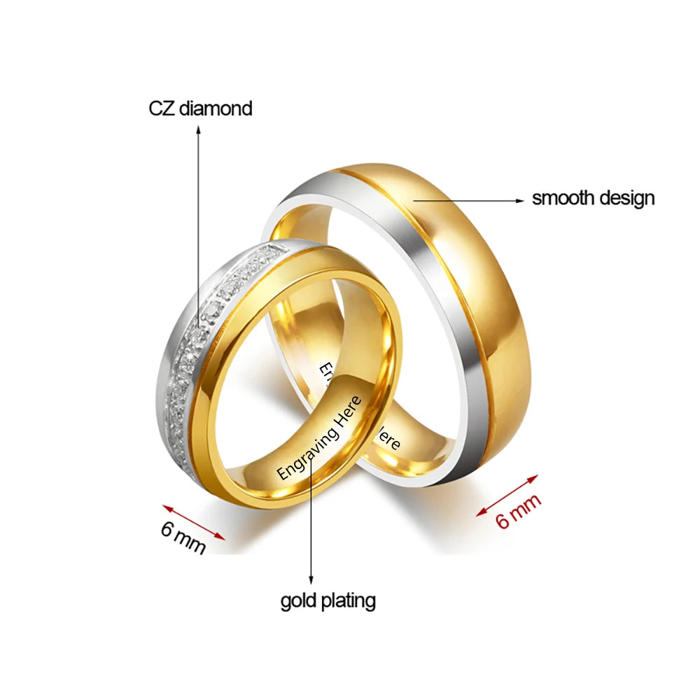 Anéis de noivado de casamento com gravação de nome personalizado para mulheres e homens anéis de casal personalizados com zircônia presente de aniversário