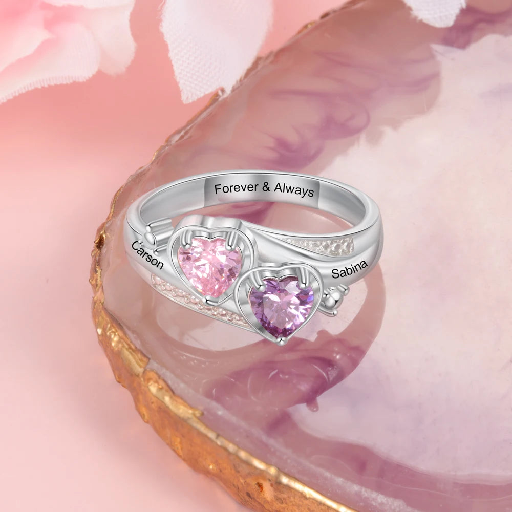 Anel de joalheiro gravado, nome personalizado, cor prata para mulheres, personalizado, pedra de aniversário, casamento, noivado, presente