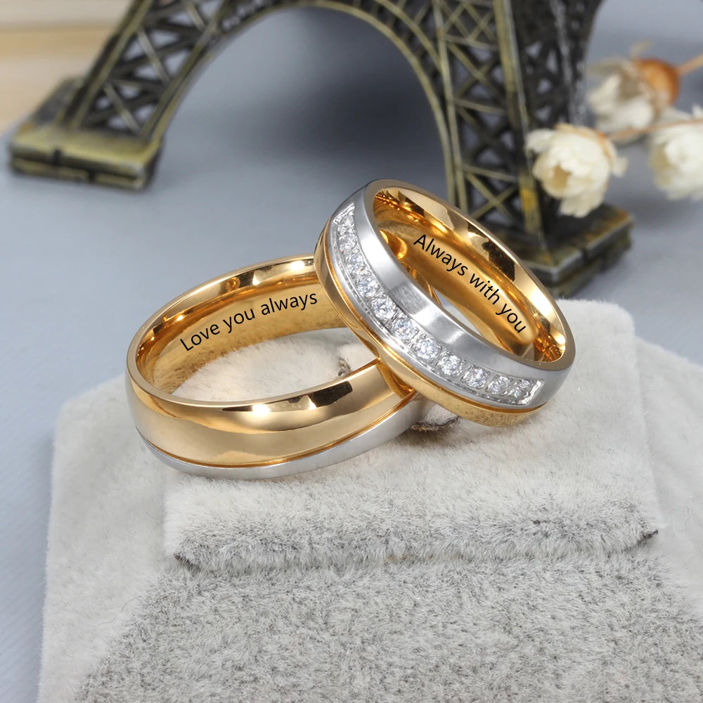 Anéis de noivado de casamento com gravação de nome personalizado para mulheres e homens anéis de casal personalizados com zircônia presente de aniversário