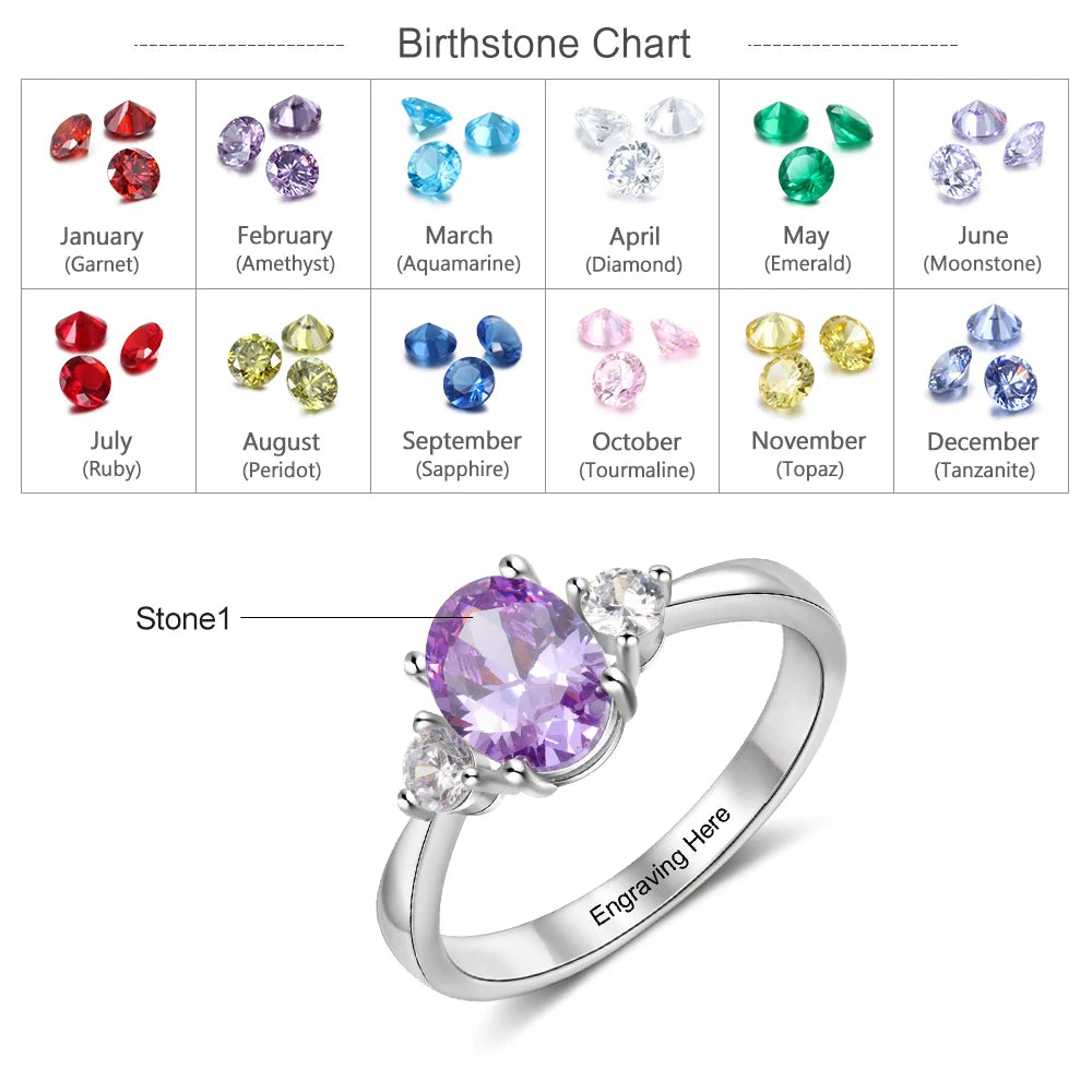 Aliança de pedra de aniversário oval personalizada joalheiro para mulheres, anel de compromisso de gravação personalizada dentro, casamento, presentes