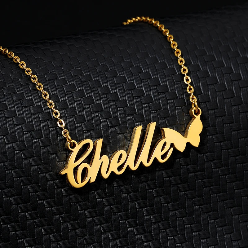 Colares com nome personalizado para mulheres, colar com nome personalizado com coração e borboleta gargantilha, aço inoxidável, presente da jóia do casamento