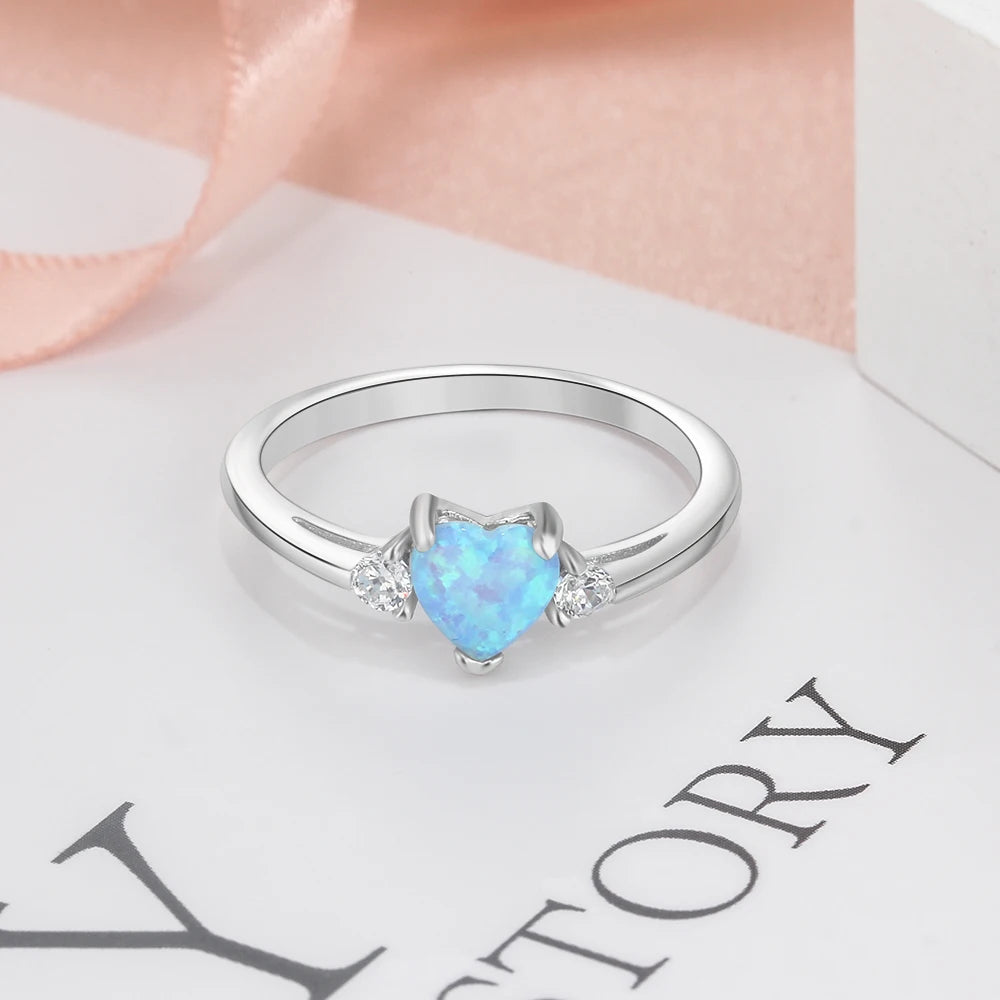 Anel Coração Romântico Cor Prata para Mulheres, Anel de Opala de Fogo Branco Rosa Azul, Anéis de Casamento CZ, Jóias Ora RI103690