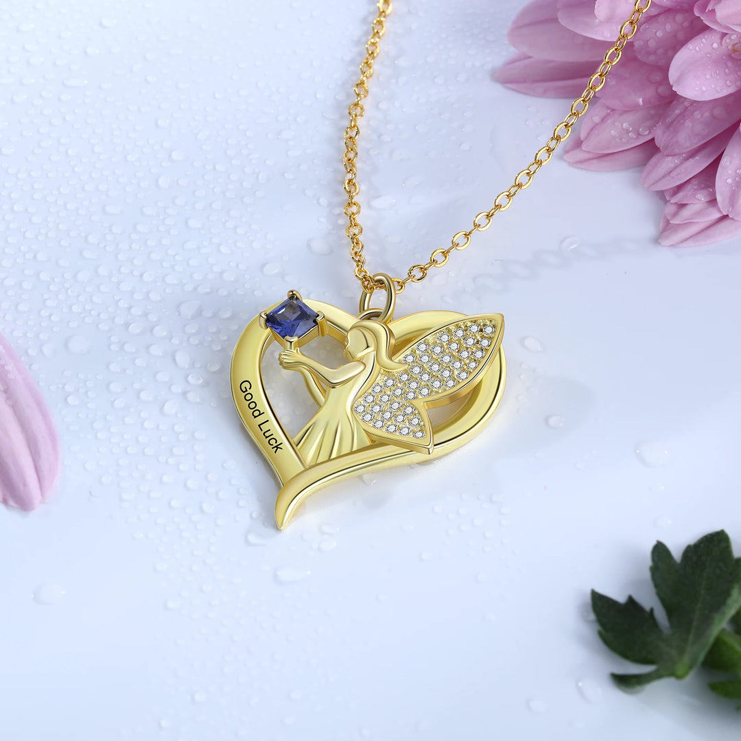 Nome personalizado gravado colar com personalizado birthstone ouro cor elf asas coração pingente com zircônia cúbica jóias