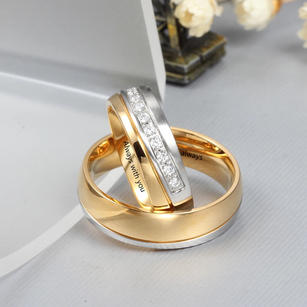 Anéis de noivado de casamento com gravação de nome personalizado para mulheres e homens anéis de casal personalizados com zircônia presente de aniversário