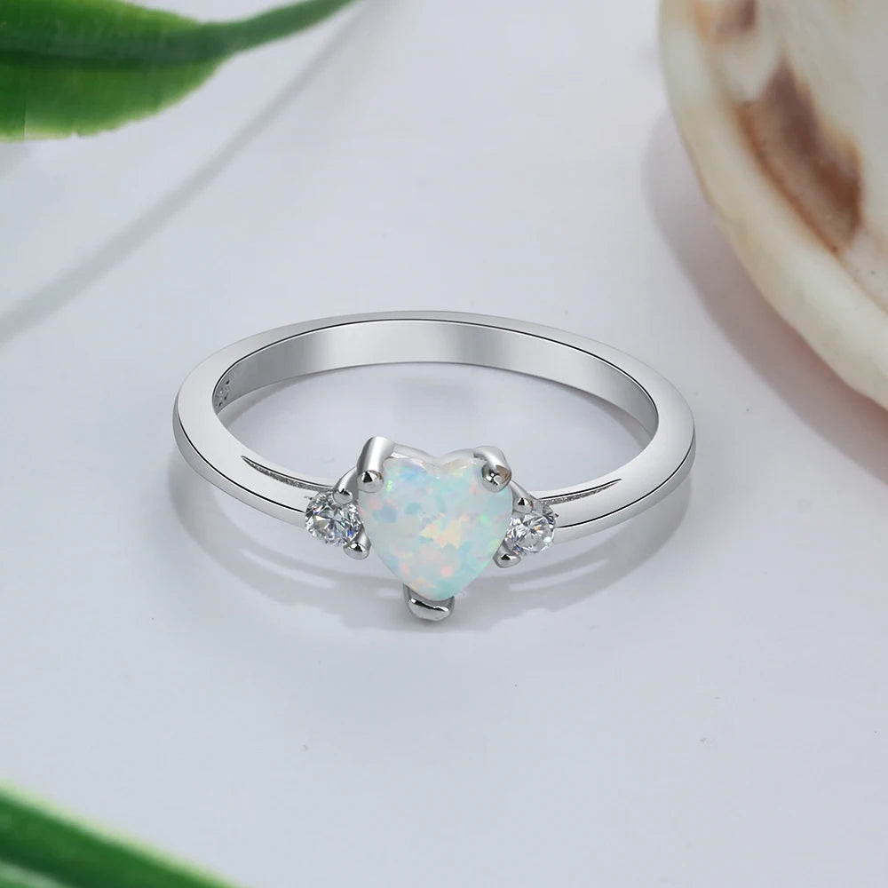 Anel Coração Romântico Cor Prata para Mulheres, Anel de Opala de Fogo Branco Rosa Azul, Anéis de Casamento CZ, Jóias Ora RI103690