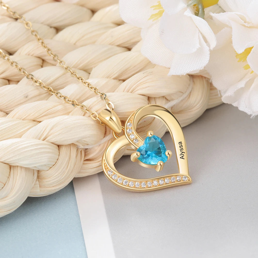Nome de gravura personalizado coração pingente colar ouro/rosa cor ouro personalizado birthstone colar feminino jóias presente (ne104157)