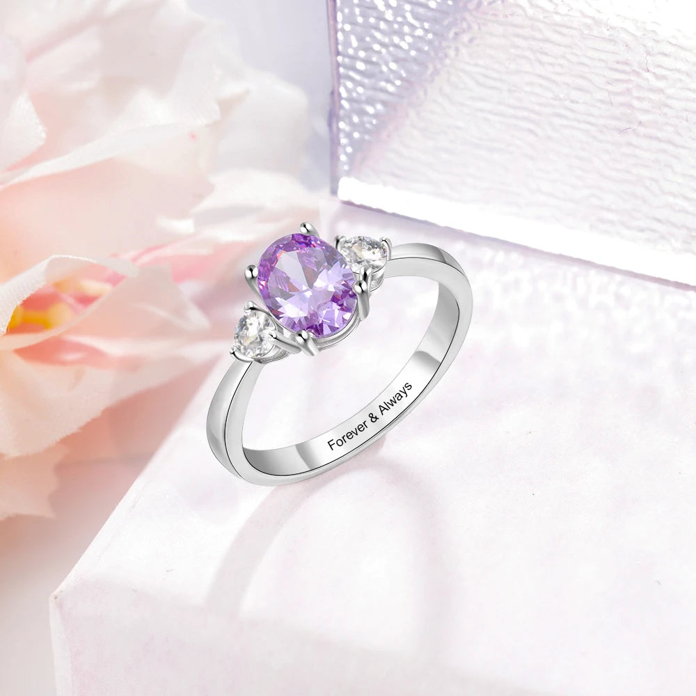 Aliança de pedra de aniversário oval personalizada joalheiro para mulheres, anel de compromisso de gravação personalizada dentro, casamento, presentes