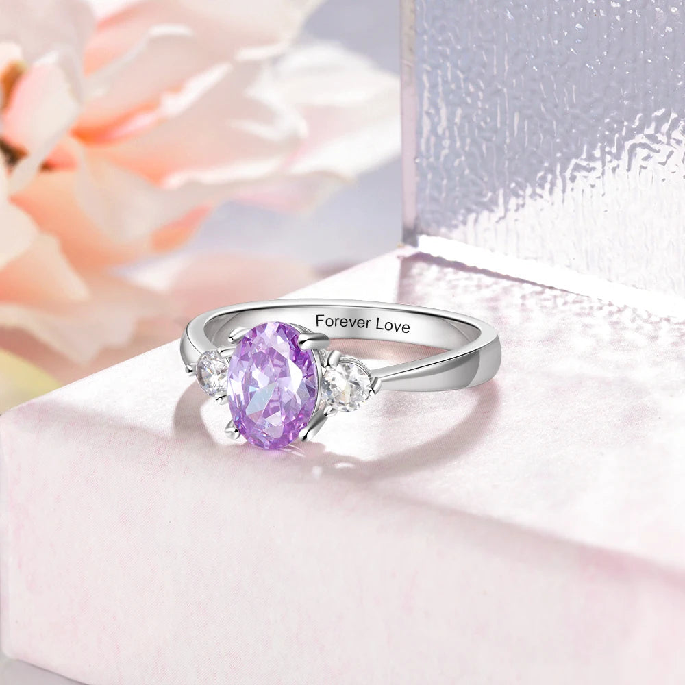 Aliança de pedra de aniversário oval personalizada joalheiro para mulheres, anel de compromisso de gravação personalizada dentro, casamento, presentes