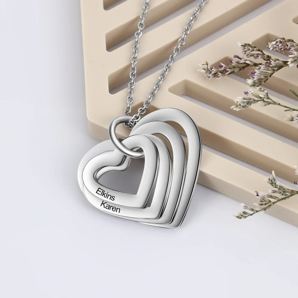 Colar gravado em aço inoxidável personalizado para mulheres, pingente de coração multicamadas personalizado, 2-6 nomes, 3 cores