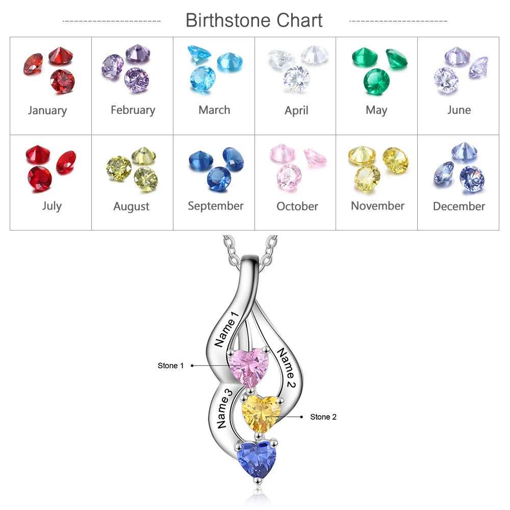 3 coração birthstone pingentes jóias presentes de aniversário jóias personalizado nome gravável colares para mulheres personalizado