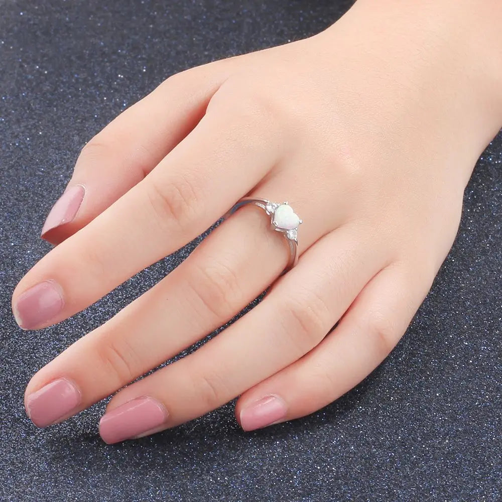 Anel Coração Romântico Cor Prata para Mulheres, Anel de Opala de Fogo Branco Rosa Azul, Anéis de Casamento CZ, Jóias Ora RI103690