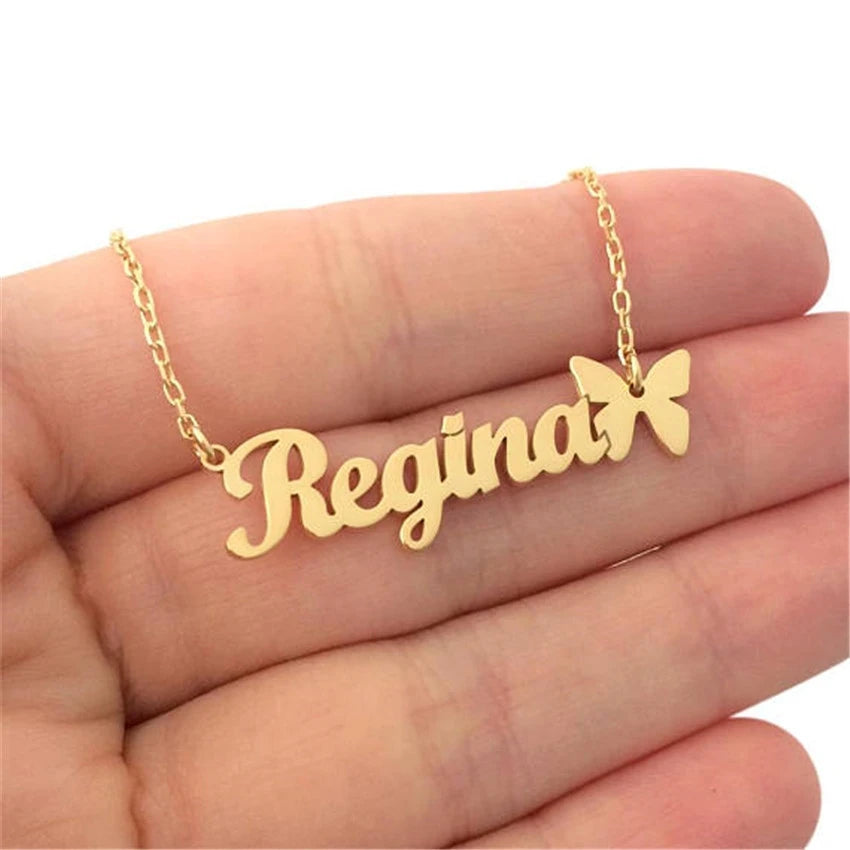 Colares com nome personalizado para mulheres, colar com nome personalizado com coração e borboleta gargantilha, aço inoxidável, presente da jóia do casamento