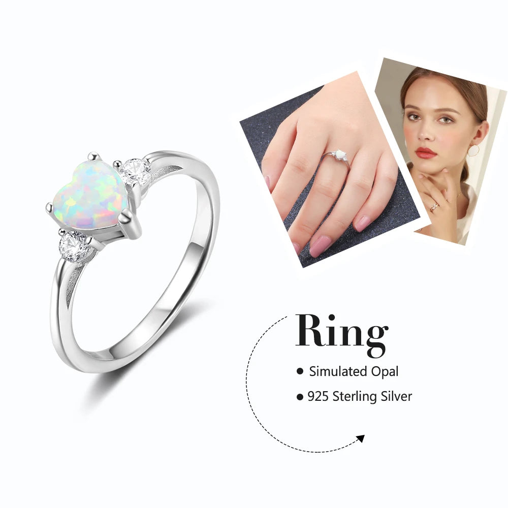 Anel Coração Romântico Cor Prata para Mulheres, Anel de Opala de Fogo Branco Rosa Azul, Anéis de Casamento CZ, Jóias Ora RI103690