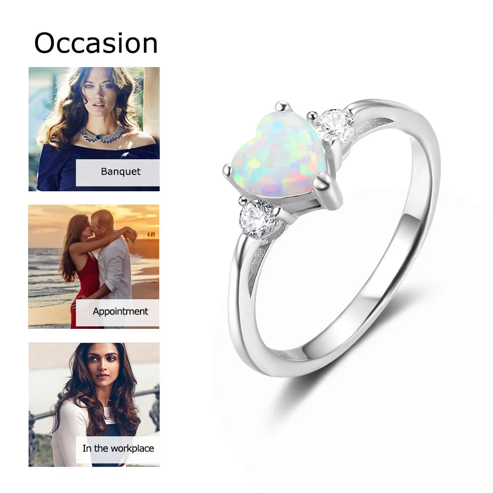 Anel Coração Romântico Cor Prata para Mulheres, Anel de Opala de Fogo Branco Rosa Azul, Anéis de Casamento CZ, Jóias Ora RI103690