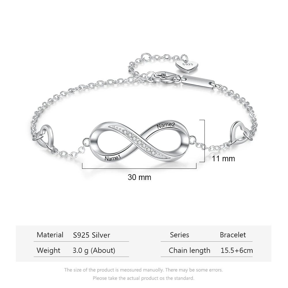 Jewelora pulseira com nome personalizado gravado para mulheres, pulseira infinita de prata esterlina 925 personalizada, presente de promessa para ela