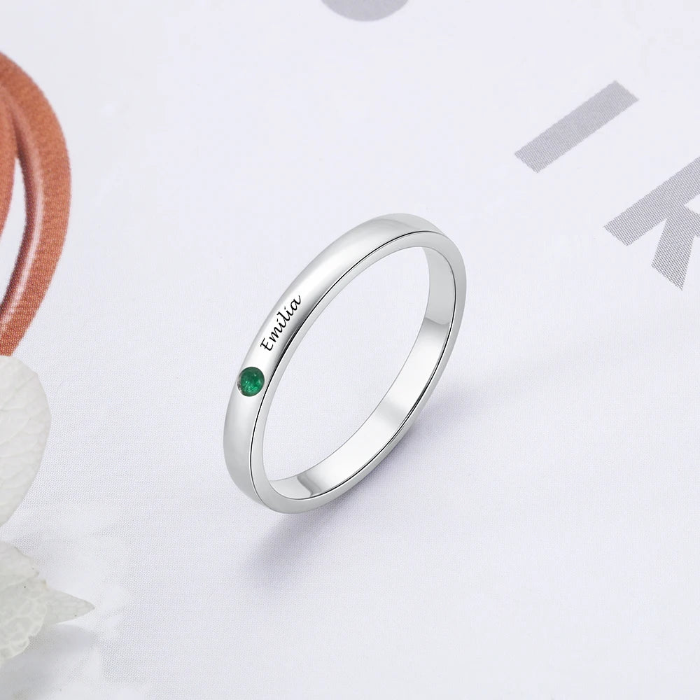 Jewelora-Anel com nome personalizado para mulheres, cor prata, birthstone, anéis gravados personalizados, joias da moda, presentes para mãe