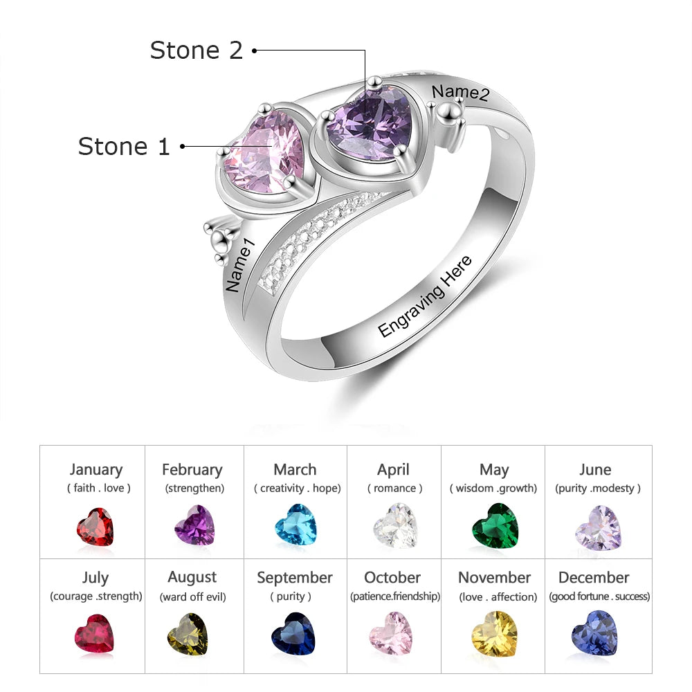 Anel de joalheiro gravado, nome personalizado, cor prata para mulheres, personalizado, pedra de aniversário, casamento, noivado, presente