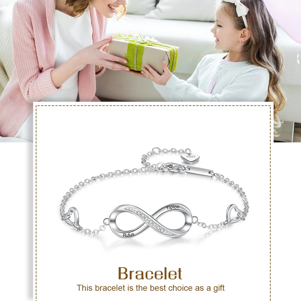 Jewelora pulseira com nome personalizado gravado para mulheres, pulseira infinita de prata esterlina 925 personalizada, presente de promessa para ela