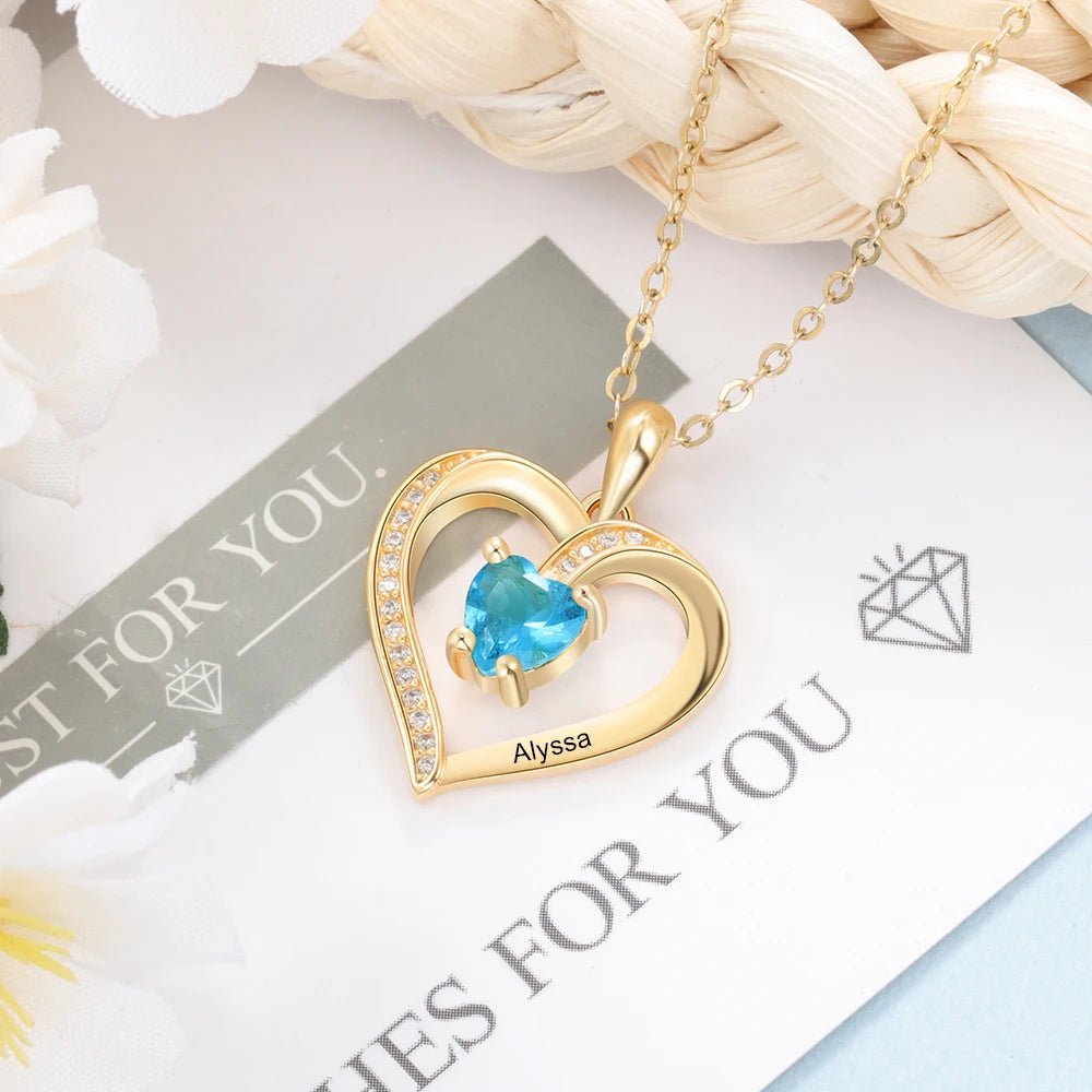 Nome de gravura personalizado coração pingente colar ouro/rosa cor ouro personalizado birthstone colar feminino jóias presente (ne104157)
