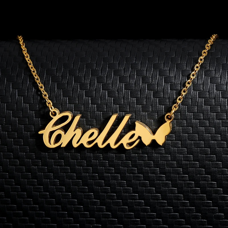 Colares com nome personalizado para mulheres, colar com nome personalizado com coração e borboleta gargantilha, aço inoxidável, presente da jóia do casamento