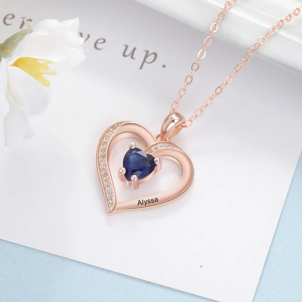 Nome de gravura personalizado coração pingente colar ouro/rosa cor ouro personalizado birthstone colar feminino jóias presente (ne104157)