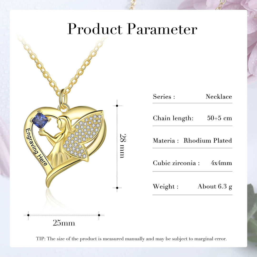 Nome personalizado gravado colar com personalizado birthstone ouro cor elf asas coração pingente com zircônia cúbica jóias