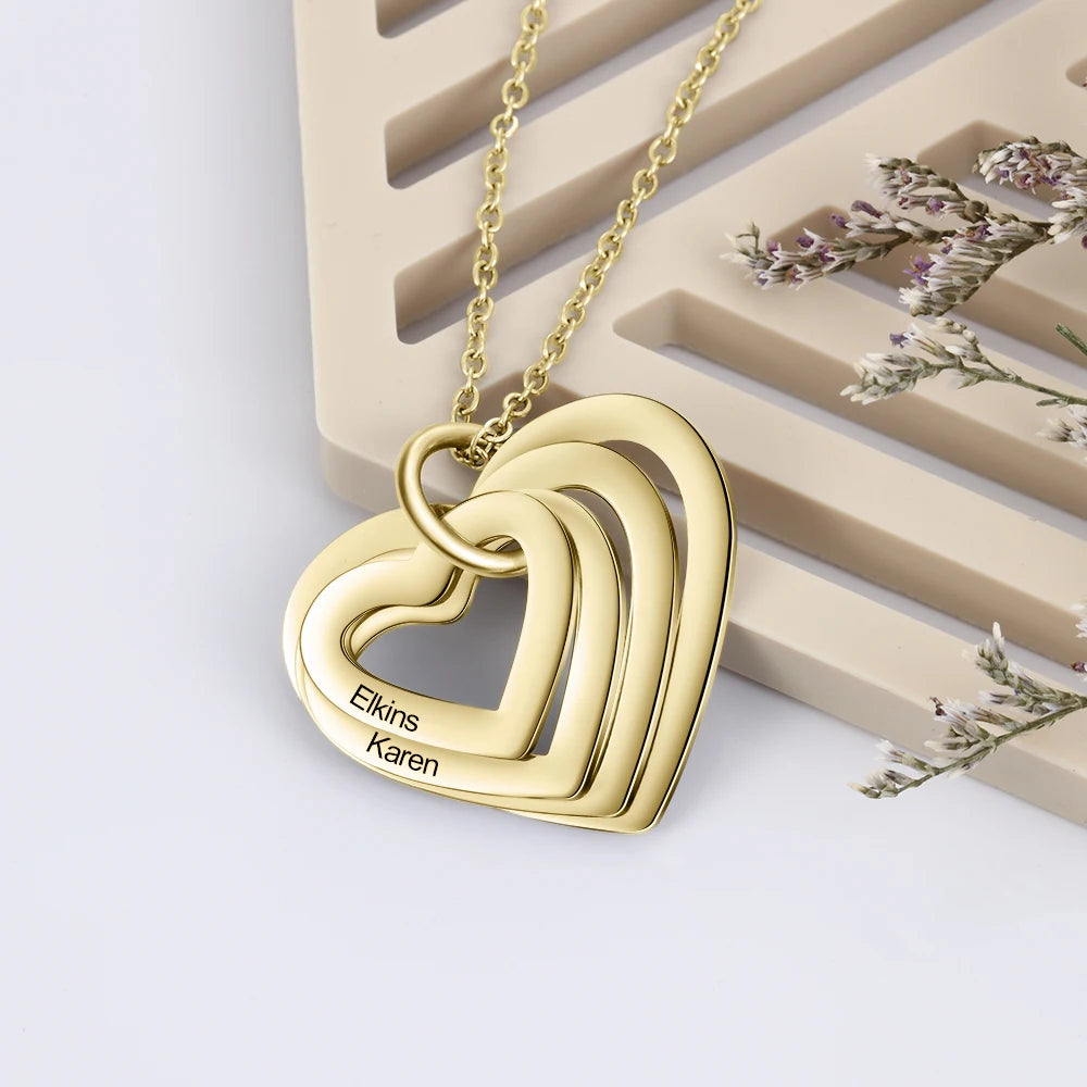 Colar gravado em aço inoxidável personalizado para mulheres, pingente de coração multicamadas personalizado, 2-6 nomes, 3 cores