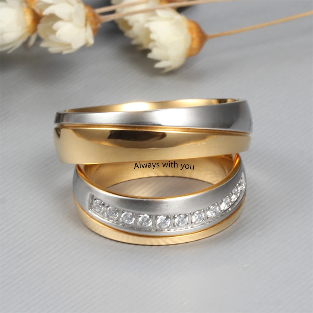Anéis de noivado de casamento com gravação de nome personalizado para mulheres e homens anéis de casal personalizados com zircônia presente de aniversário