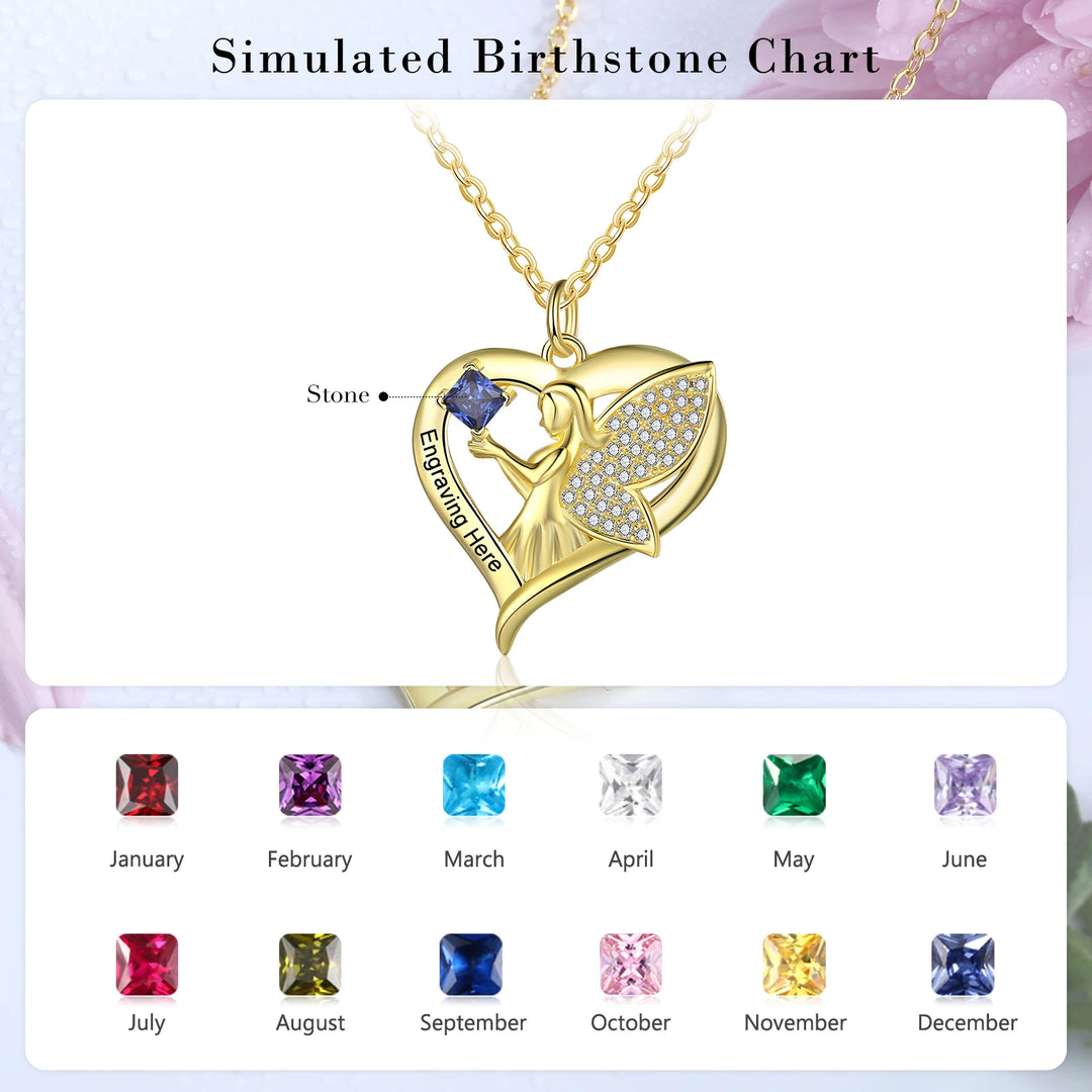 Nome personalizado gravado colar com personalizado birthstone ouro cor elf asas coração pingente com zircônia cúbica jóias