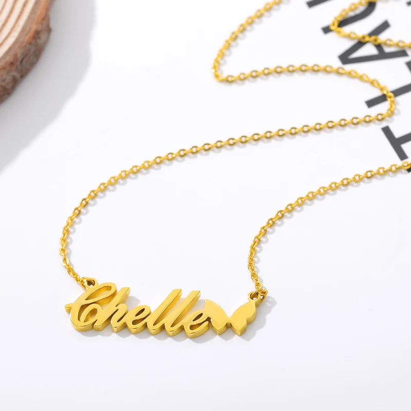 Colares com nome personalizado para mulheres, colar com nome personalizado com coração e borboleta gargantilha, aço inoxidável, presente da jóia do casamento