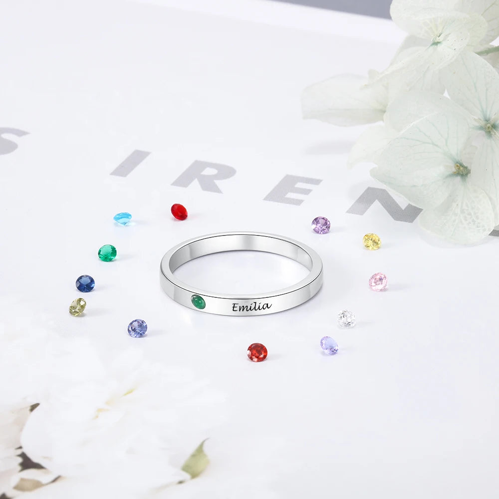 Jewelora-Anel com nome personalizado para mulheres, cor prata, birthstone, anéis gravados personalizados, joias da moda, presentes para mãe