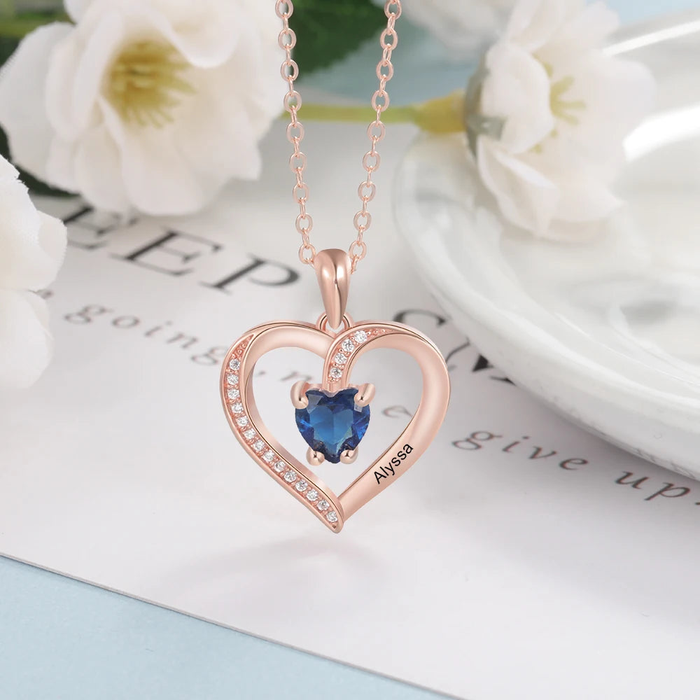 Nome de gravura personalizado coração pingente colar ouro/rosa cor ouro personalizado birthstone colar feminino jóias presente (ne104157)