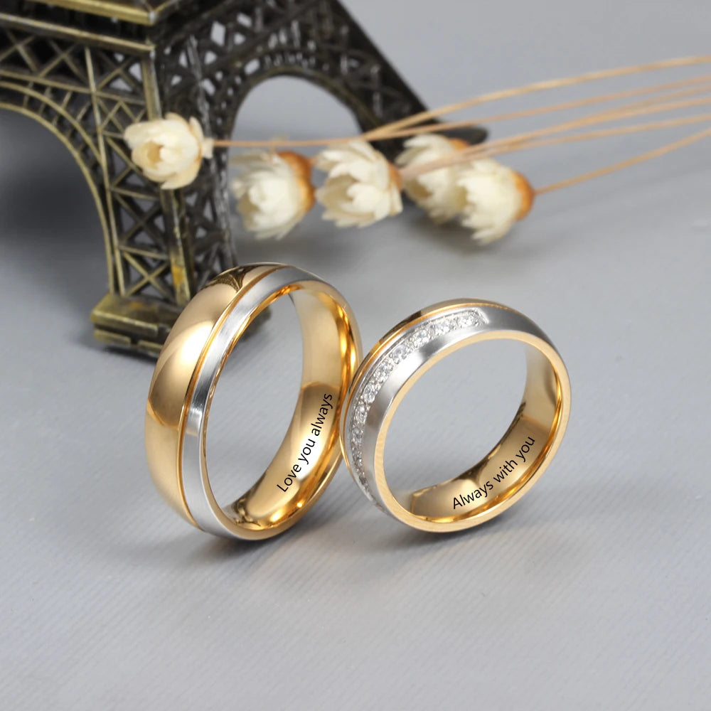 Anéis de noivado de casamento com gravação de nome personalizado para mulheres e homens anéis de casal personalizados com zircônia presente de aniversário