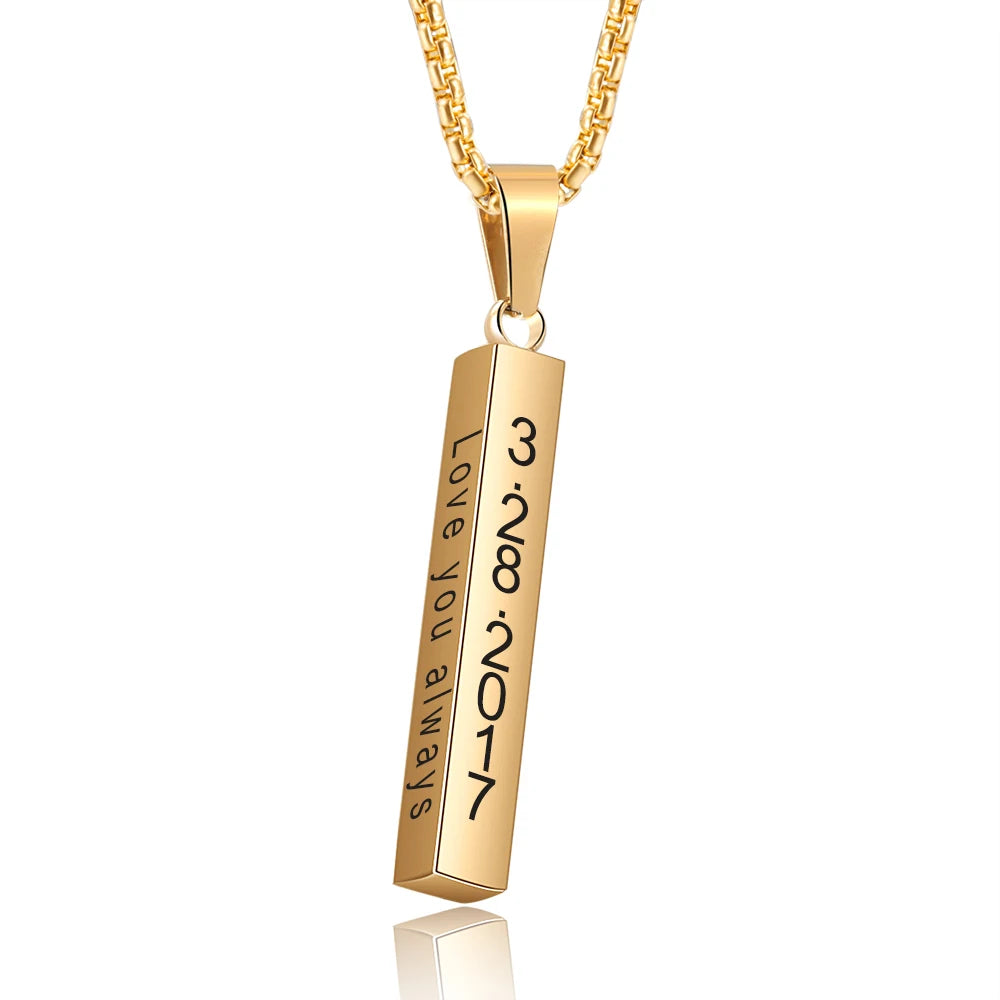 Nome personalizado homem pingente presente do ano novo para o pai jewelora personalizado 4 lado gravado barra vertical colar de aço inoxidável