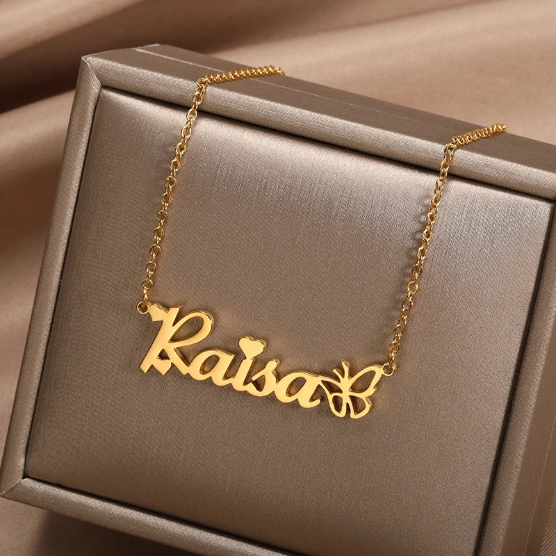 Colares com nome personalizado para mulheres, colar com nome personalizado com coração e borboleta gargantilha, aço inoxidável, presente da jóia do casamento